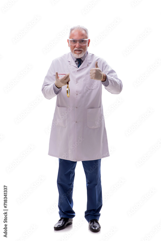 Old male chemist isolated on white Old male chemist isolated on white