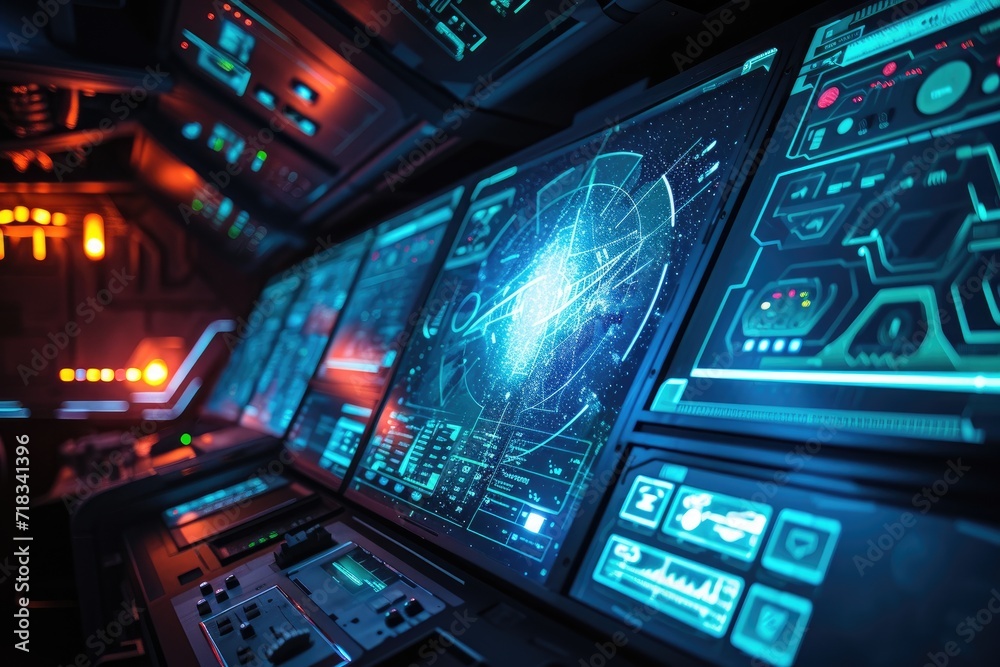 Spaceship cockpit with holographic space map display. Space exploration and research concept. Science fiction scene. Design for banner, poster, wallpaper. Futuristic command center
