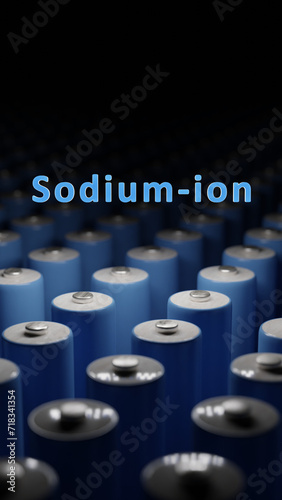 Sodium-ion batteries in a dark light spin around - 3D render - shallow focus