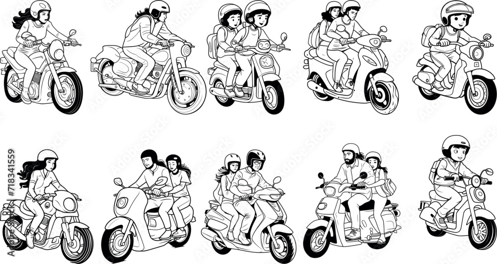 people riding motorcycle hand drawing. great set collection clip art Silhouette, Black vector illustration on white background.