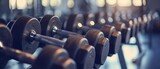 Elevate your fitness space with a captivating image featuring neatly arranged dumbbells on a gym rack, creating an inviting workout background that embodies health and strength