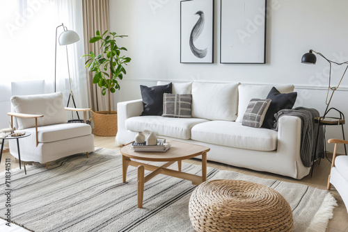 Condo apartment interior furnished in Scandinavian style in upscale neighborhood