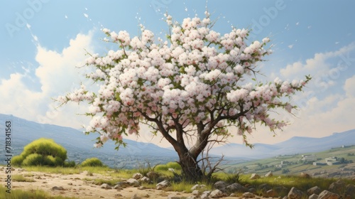  a painting of a tree with white flowers in the foreground and a blue sky with clouds in the background.