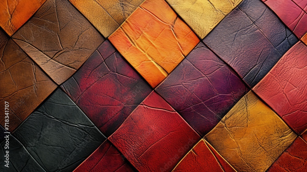 Background with colourful leather texture patches. Different sample pieces of natural or synthetic leather banner for fashion, footwear, furniture, accessories - obrazy, fototapety, plakaty 