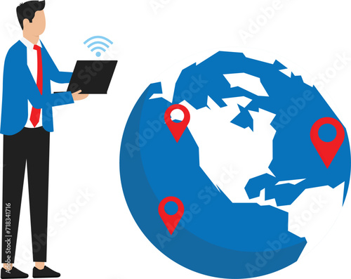 Online space with elements of technology and devices using a web connection. Man with laptop transmits and receives information, uses WiFi, satellite Internet concept
