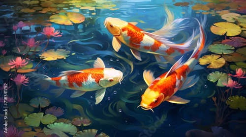 Cute Carps Swimming in Beautiful Pond Generative AI Generative AI
