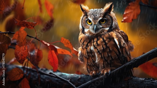 Autumn Owl Perched Among Branches Generative AI