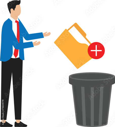 Delete and moving unnecessary files to trash. Clearing documents  and optimization computer memory man near garbage bin and cleansing software and Cache and spam on website concept

