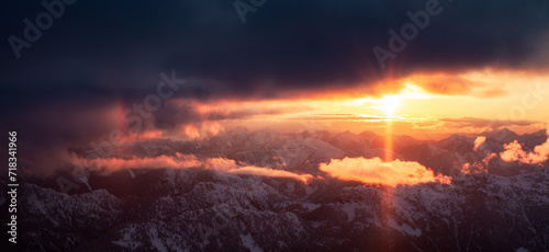 Canadian Mountain Landscape. Dramatic Sunset. Aerial Panorama Nature Background