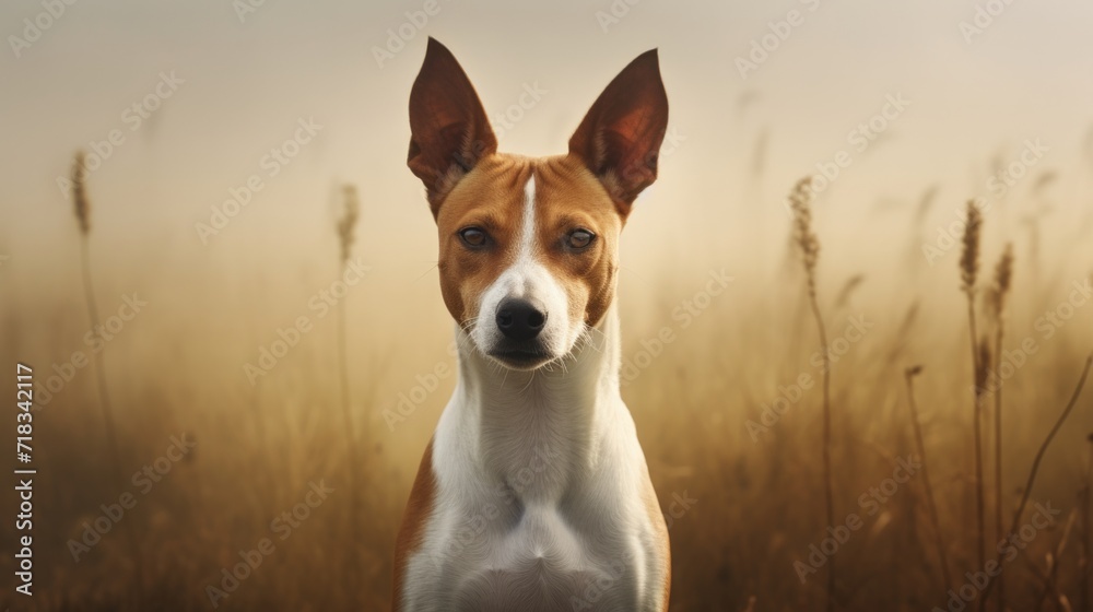 Majestic Basenji Dog in a Foggy Field Generative AI