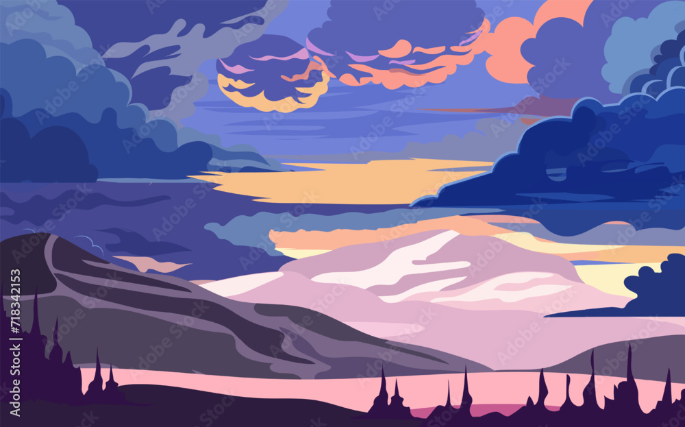 Cartoon dawn sky with pink and blue fluffy clouds. Beautiful cloudy landscape at sunset. A flock of geese flies over the sea. Cartoon dawn sky with pink and blue fluffy clouds. Beautiful cloudy landscape at sunset. A flock of geese flies over the sea.