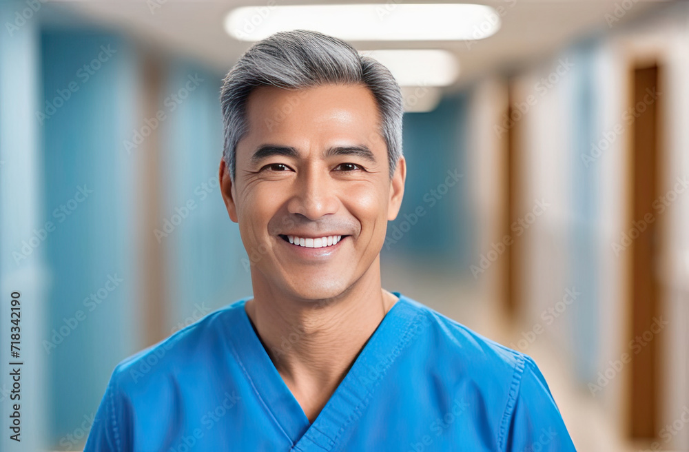 Fototapeta premium Middle aged Asian male doctor in blue scrubs, smiling looking in camera, Portrait of man medic professional, hospital physician, confident practitioner or surgeon at work. blurred background