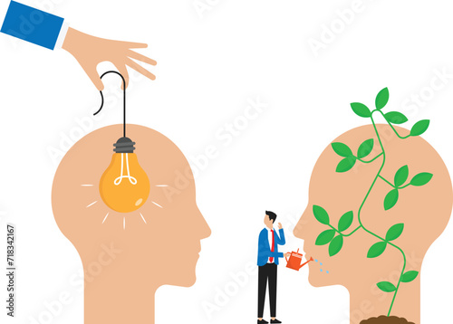 Inspire and motivate and Creative inspirational idea, light bulb and watering plant as symbol of creative process, Man brainstorming for business success concept,
