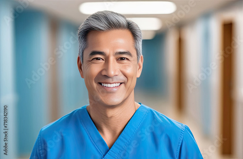 Middle aged Asian male doctor in blue scrubs, smiling looking in camera, Portrait of man medic professional, hospital physician, confident practitioner or surgeon at work. blurred background photo