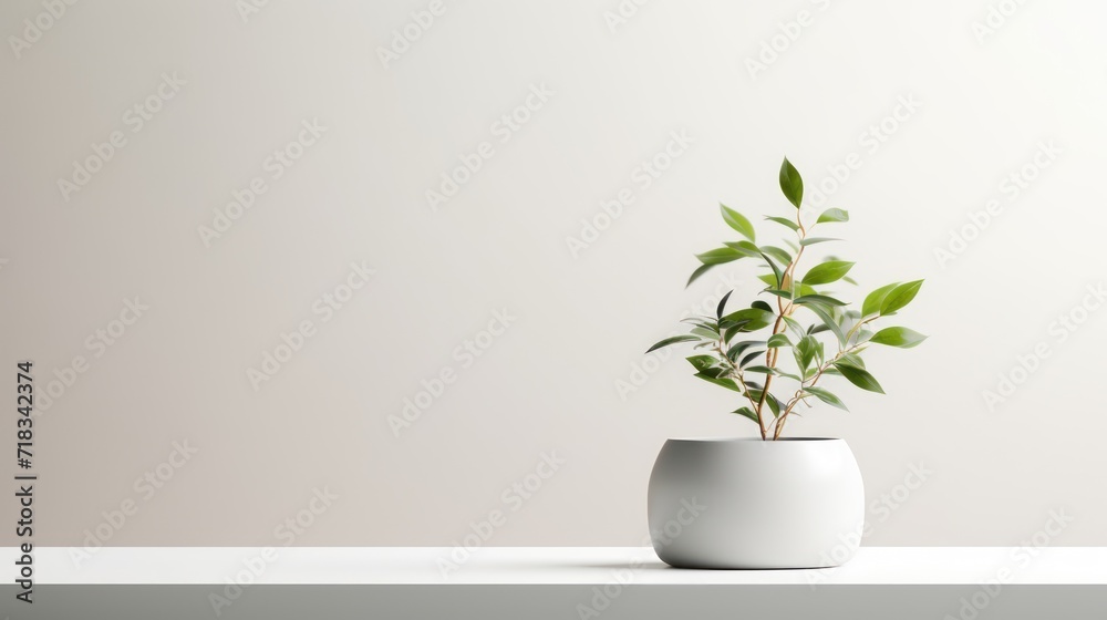  a potted plant in a white vase on a white table with a white wall behind it and a white wall behind it.