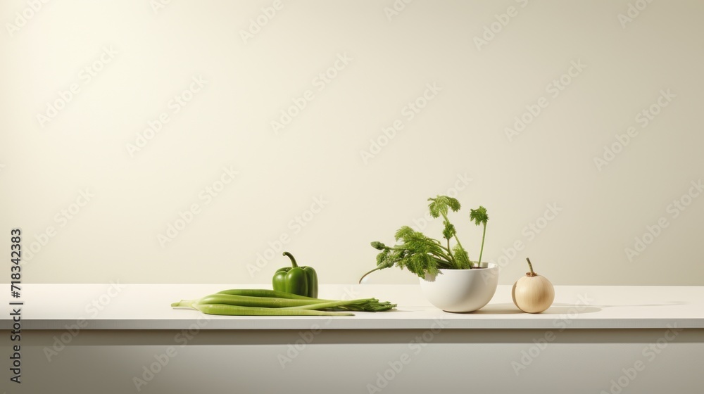 a white table topped with a bowl of green beans and a potted plant on top of a white counter. a white table topped with a bowl of green beans and a potted plant on top of a white counter.