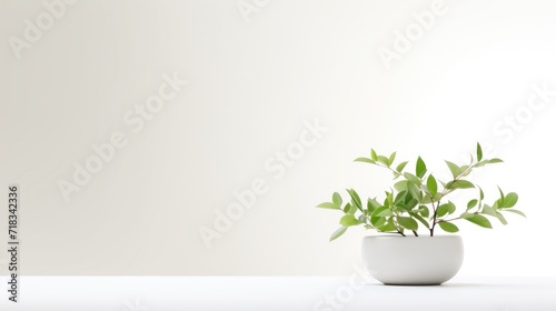 a small potted plant sitting on top of a white table in front of a white wall in an empty room. photo