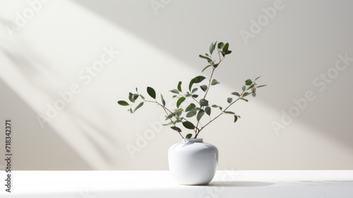  a white vase with a green plant in it on a white table with a shadow of a wall behind it.