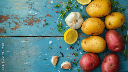 Starchy yellow and red potatoes with fresh thyme, garlic and lemon on a blue wooden background, flat lay  photo