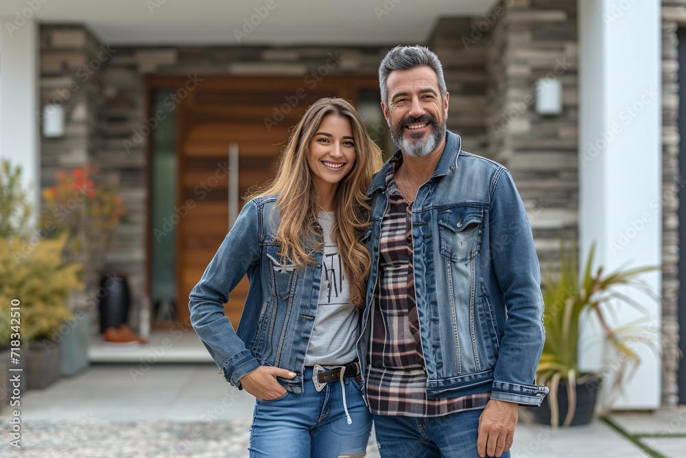 Couple holding house keys after purchasing real estate - Husband and wife in front of their new home Couple holding house keys after purchasing real estate - Husband and wife in front of their new home