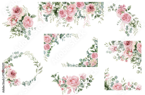 Watercolor floral illustration. Pink flowers and eucalyptus greenery bouquet. Dusty roses, soft light blush peony - border, wreath, frame. Perfect wedding stationary, greetings, fashion, background photo