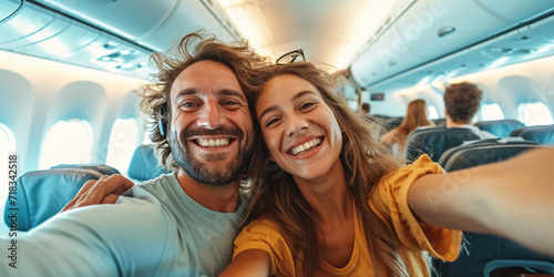 Happy tourist taking selfie inside airplane - Cheerful couple on summer vacation © Chebix