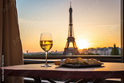 Glass of wine on a table with the Eiffel tower at sunset..