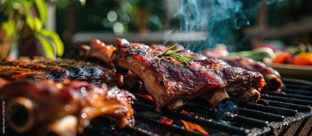 The aroma of the mouthwatering roasted pork ribs filled the air as friends gathered around the barbecue, indulging in the delectable barbecue food. - obrazy, fototapety, plakaty 