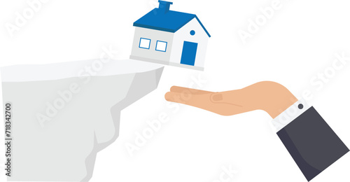 Protection of housing and Mortgage protection, Credit or real estate insurance and home security, house falls from mountain, hand catches protect from damage concept

