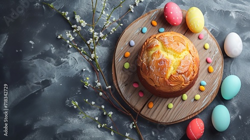 Traditionl Happy Easter kulich cake on wooden board over rustic stone background. Easter curd cake, Easter kulich and colored eggs. Top view  photo