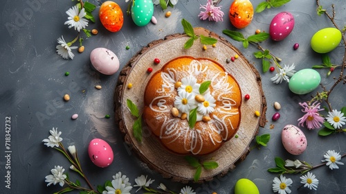 Traditionl Happy Easter kulich cake on wooden board over rustic stone background. Easter curd cake, Easter kulich and colored eggs. Top view  photo