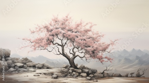  a painting of a pink tree in a rocky area with mountains in the background and rocks in the foreground.