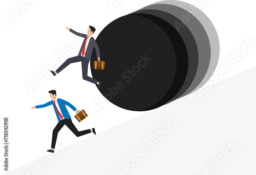 Crisis. Unpredictable situations, loss of income and unemployment, ball roll down mountain, failure people, troubles and problems in economic, business and life, vector cartoon flat concept

