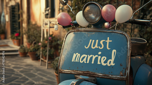 Retro   with just married sign, wedding marriage, celebration, romantic