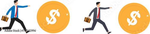 Pursuit of big money and Business people men trying to catch gold coins and successful career growth. Achieve the goals and success in career, people ambition and motivation concept

