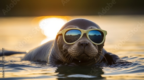 Playful Seal with Sunglasses on Golf Green at Dawn Generative AI
