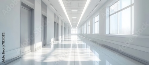 Empty white hallway in the hospital bright corridor with rooms and windows. Generated AI image