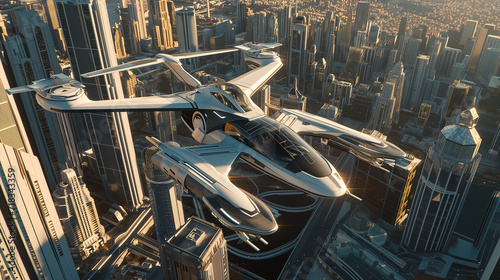 Future arrives as flying taxi graces cityscape, promising advanced transportation for all photo