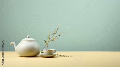  a tea pot and a teacup on a table with a plant in the middle of the tea cup and saucer.