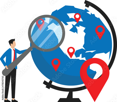 Characters with magnifying glass. Men in different actions with big loupes and people investigation and close study, search information in internet concept,
