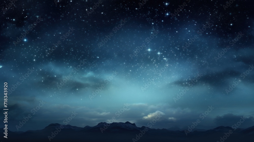  a night sky with stars and clouds and a mountain range in the foreground with the moon and stars in the distance.