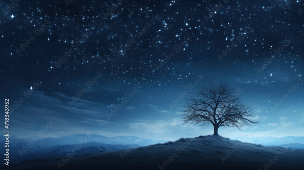  a lone tree sitting on top of a hill under a night sky filled with stars and a star filled sky.