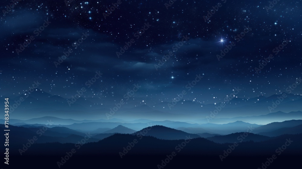  a night sky with stars and a mountain range in the foreground and a distant star in the middle of the night sky.