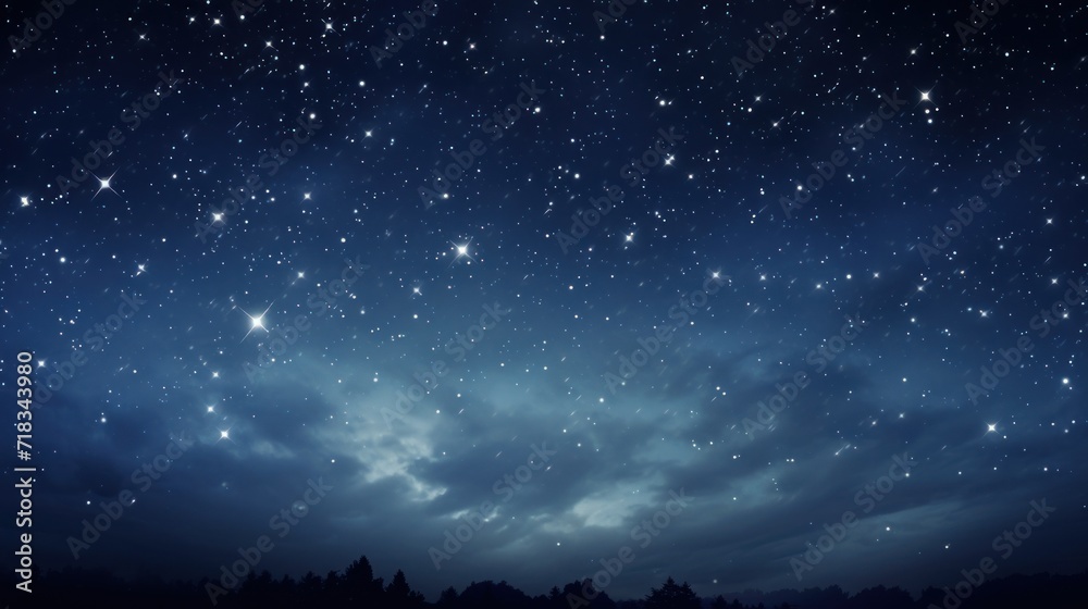  the night sky is full of stars and the trees are silhouetted against a dark blue sky with white clouds.