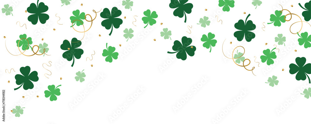 Many clover leaves and confetti on white background with space for text. Banner for St. Patrick's Day Many clover leaves and confetti on white background with space for text. Banner for St. Patrick's Day