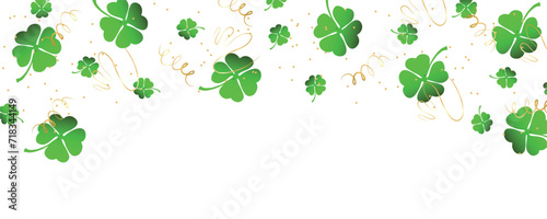 Many clover leaves and confetti on white background with space for text. Banner for St. Patrick's Day