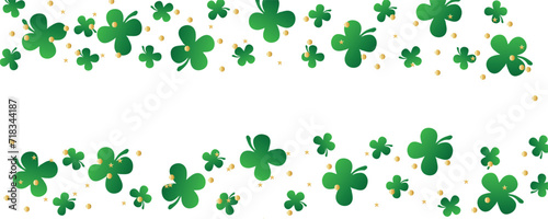 Many clover leaves and confetti on white background with space for text. Banner for St. Patrick's Day