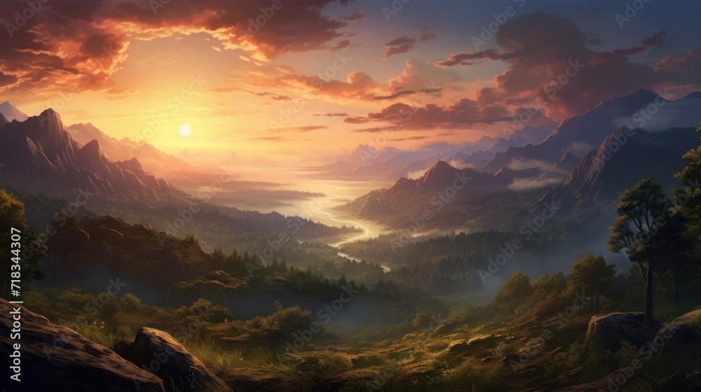  a painting of the sun setting over a mountain range with a valley in the foreground and trees in the foreground.