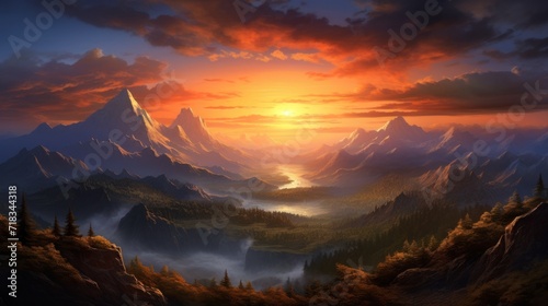  a painting of a sunset over a mountain range with a valley in the foreground and trees in the foreground.