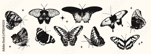 Various butterflies photocopy effect spring elements set with grunge stippling grain messy texture. Trendy y2k aesthetic summer vector illustration, Ideal for poster design, t shirt, tee print